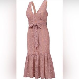 Floral Lace Deep V-Neck Dress with Belt